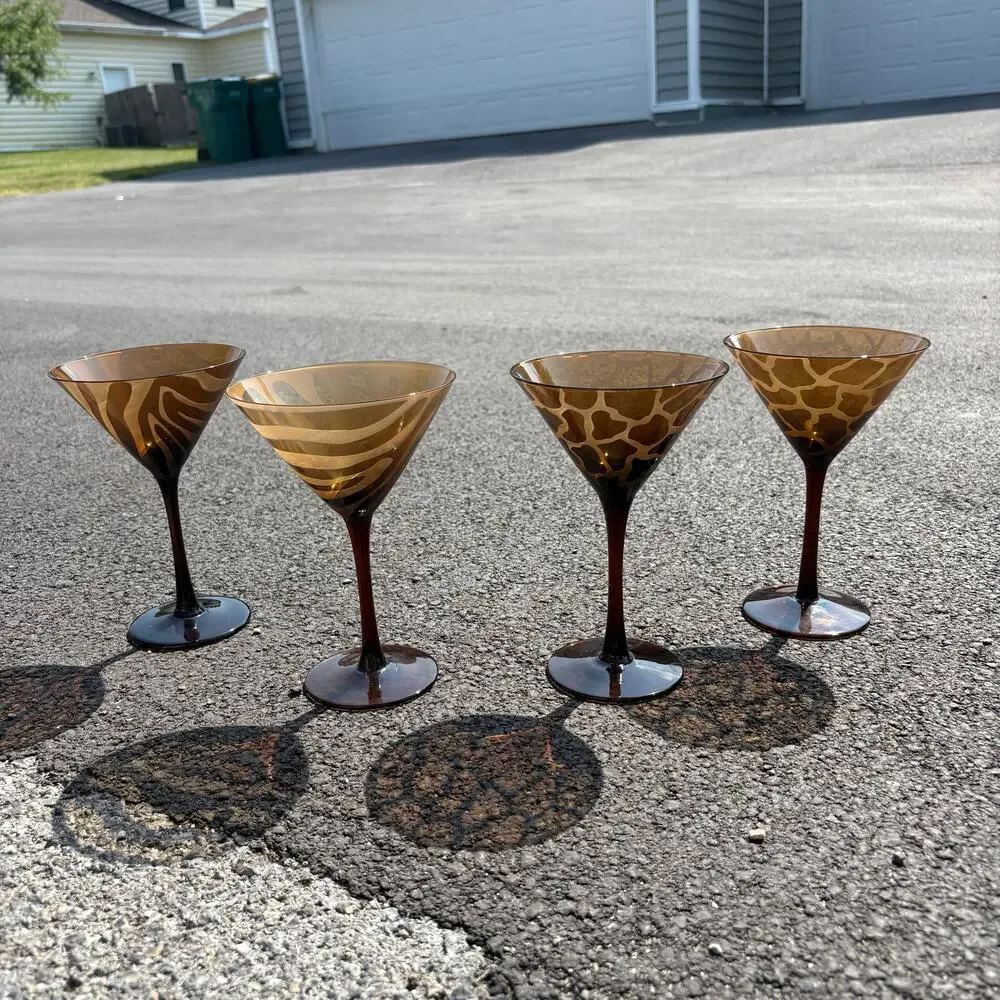1990’s Blown Glass Brown Tortoise and Zebra Matte Vintage Martini Glasses